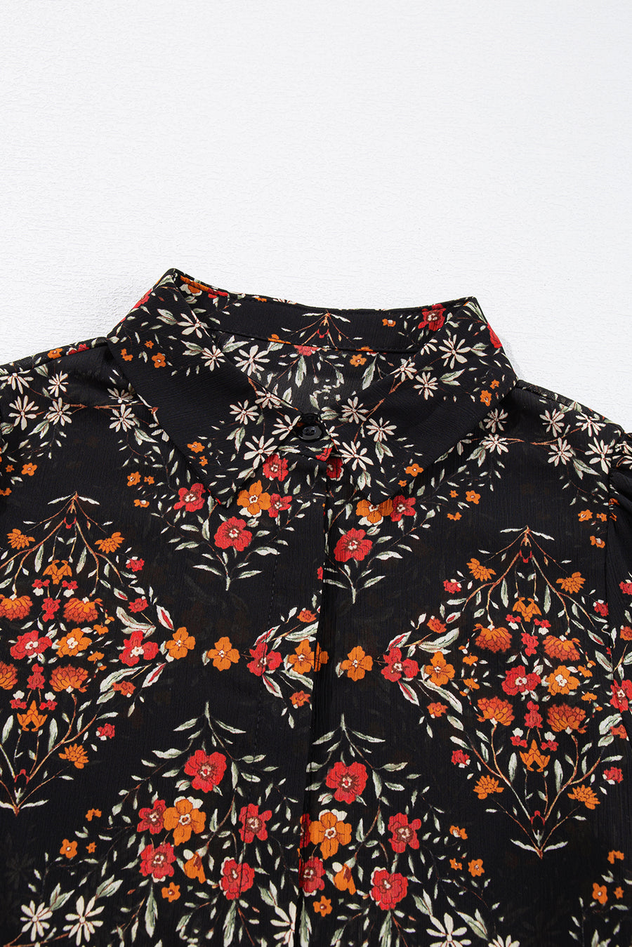Black Floral Collared Button-Up Lantern Sleeve Blouse