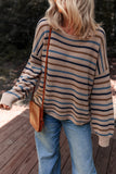 Tan Multi Openwork Striped Knit Drop Shoulder Crew Neck Sweater