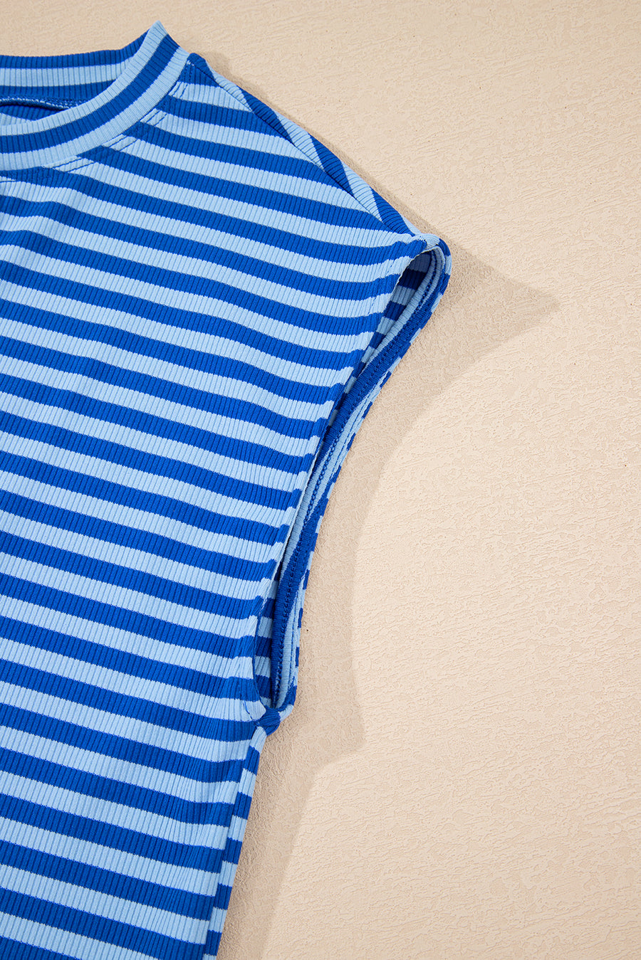 Striped Ribbed Cap Sleeve Crew Neck T-Shirt- 2 Colors