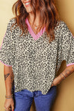Leopard Print V-Neck Contrast Varsity Stripe Short Sleeve T-Shirt