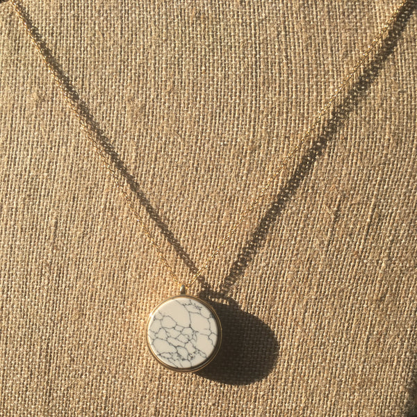 Gold Tone Double-Sided Stone Disk Necklace- Howlite & Blue