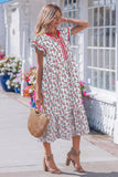 Red Cute Sunflower Printed Striped Patchwork Trim Flutter Sleeve Long Dress
