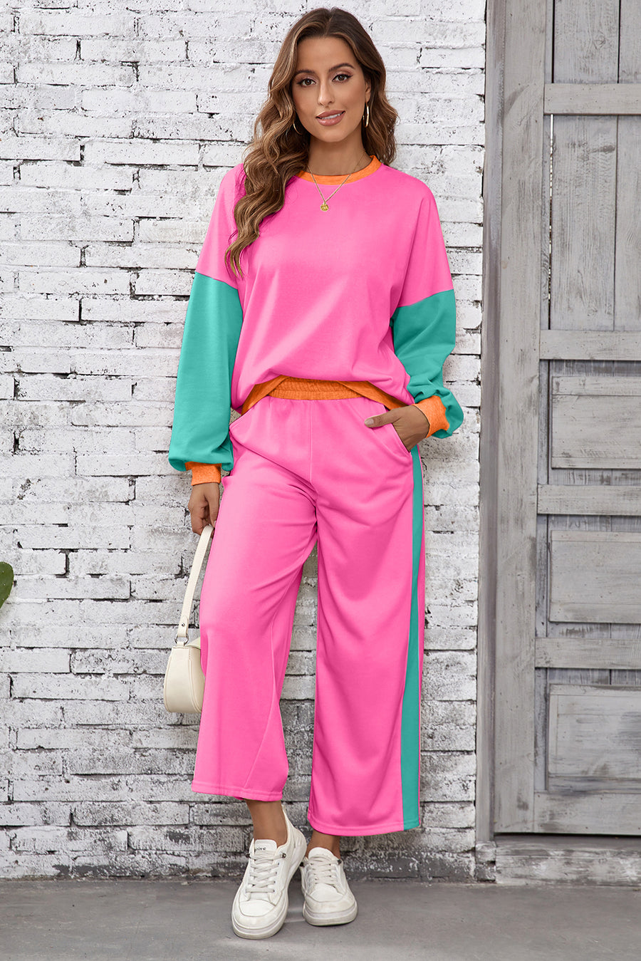 Color Block Patchwork Long Sleeve Top and Pants Set