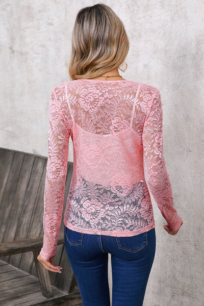 Pink Floral Lace Sheer Long Sleeve Blouse