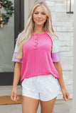 Twist Ribbed Color Block Patchwork Short Sleeve Henley T-Shirt- 2 Colors