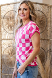 Fuchsia Checkered Pattern Cap Sleeve Knit Top