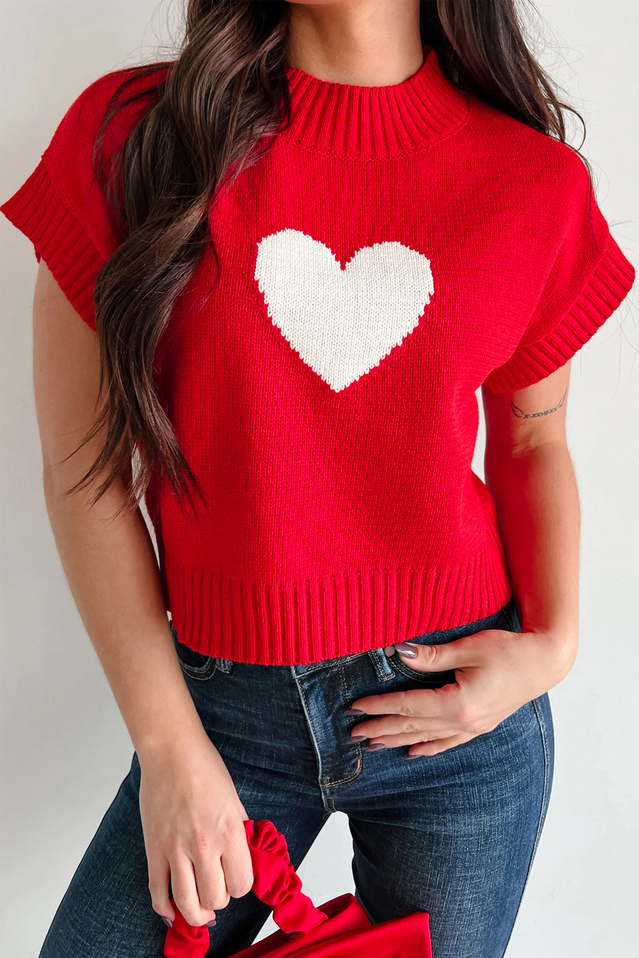 Heart Cropped Short Sleeve Mock Neck Sweater- 3 Colors