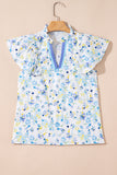 Blue Floral Frilled Notch Neck Ruffle Sleeve Blouse