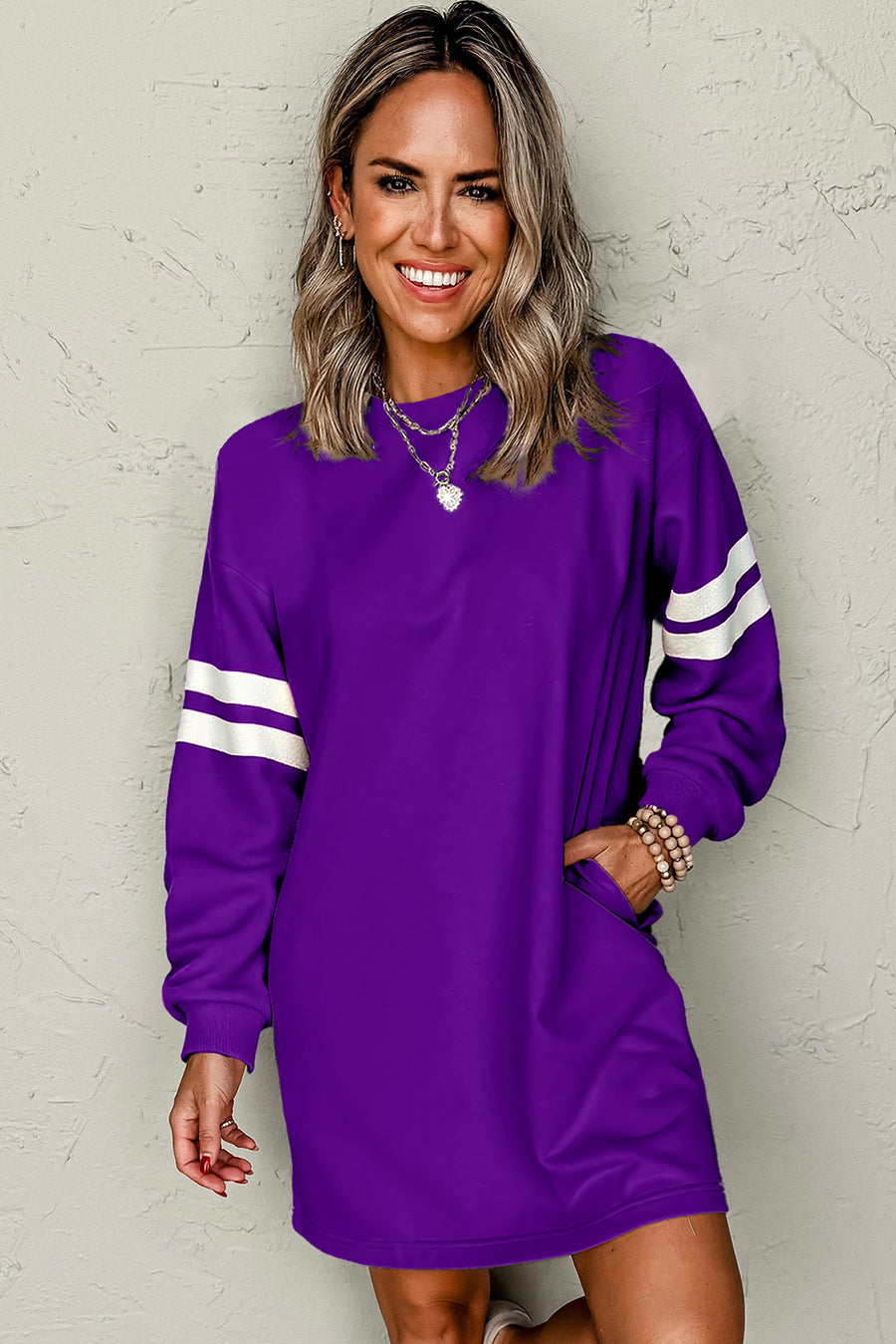 Varsity Striped Long Sleeve Loose Mini Dress with Pockets- 5 Colors