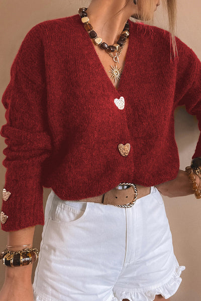 Red Heart Metal Button V-Neck Cardigan
