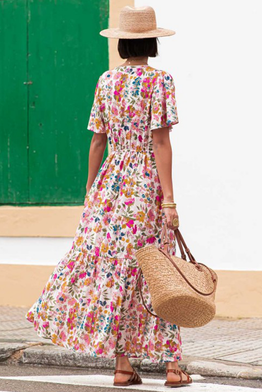 Multicolored Floral Short Sleeve V-Neck High Waist Maxi Dress