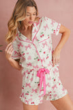 Bow Print Button-Up V-Neck Short Sleeve Top and Ruffle Hem Shorts Pajama Set- 2 Styles