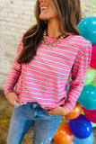 Pink Striped Textured Knit Puff Sleeve Crew Neck Top