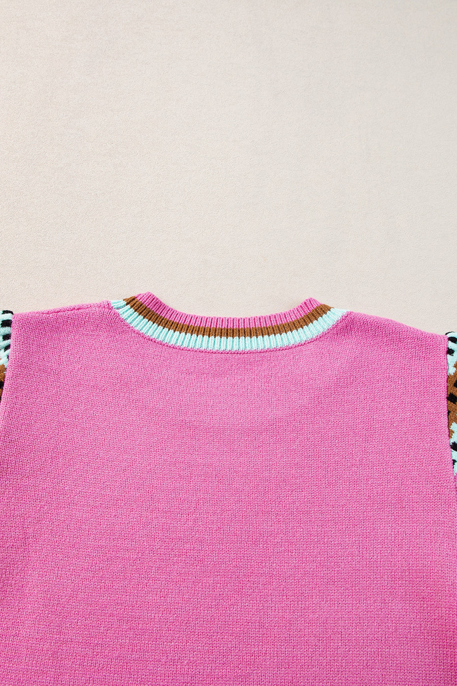 Bright Pink Square Stripes Crew Neck Short Sleeve Sweater