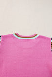 Bright Pink Square Stripes Crew Neck Short Sleeve Sweater