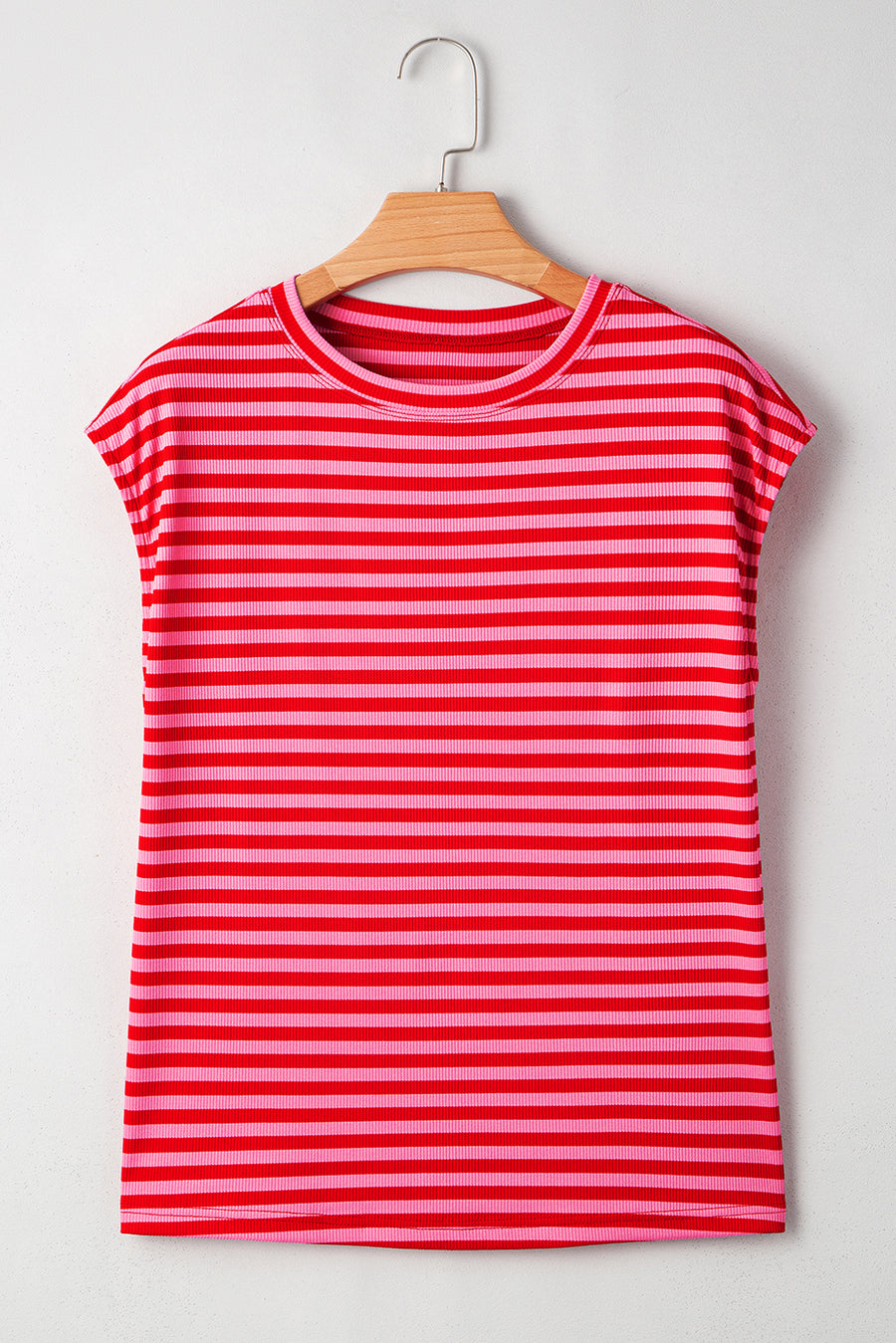 Striped Ribbed Cap Sleeve Crew Neck T-Shirt- 2 Colors