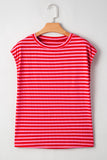 Striped Ribbed Cap Sleeve Crew Neck T-Shirt- 2 Colors