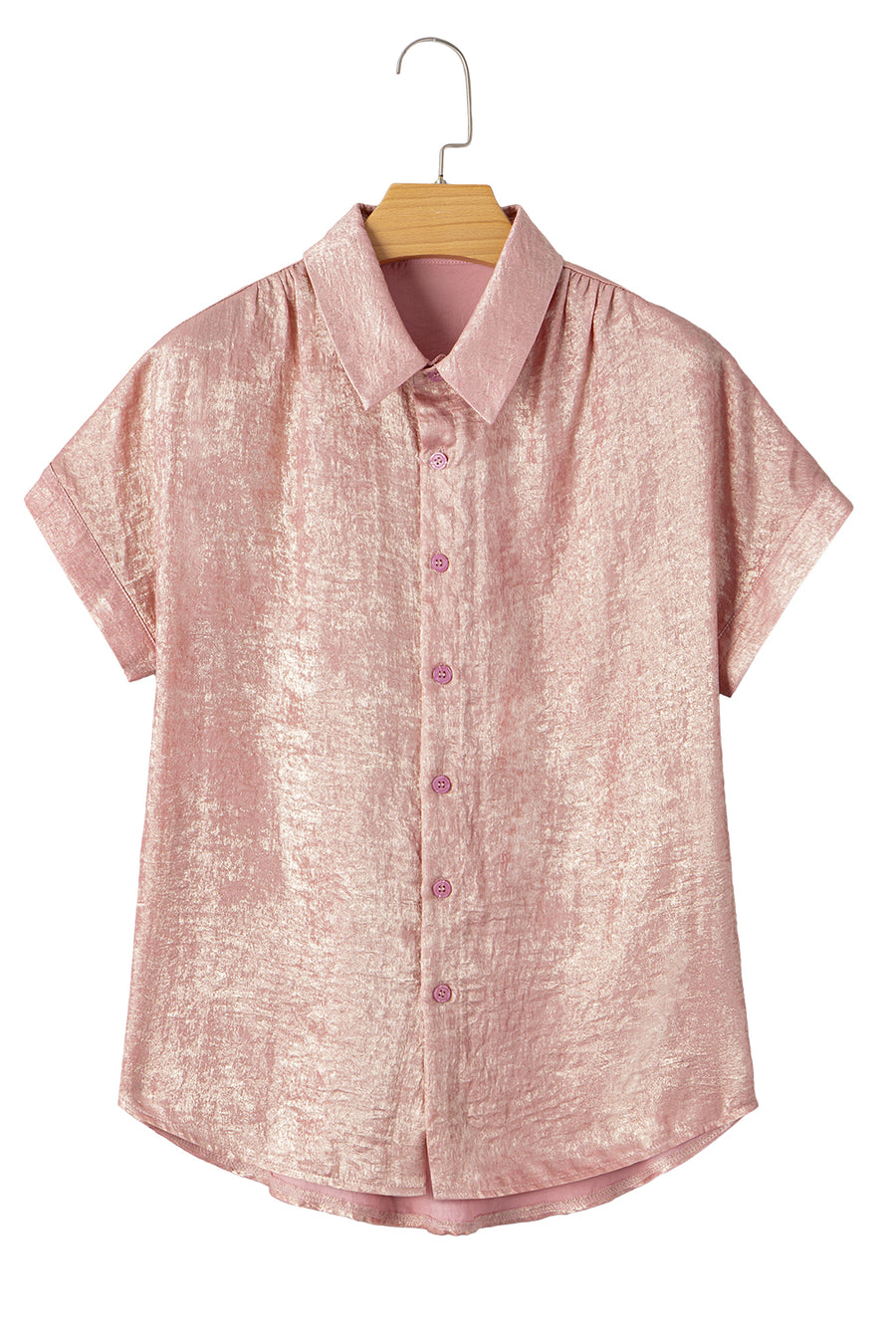 Metallic Pink Button-Up Short Sleeve Shirt