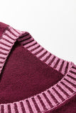 Burgundy Contrast Trim V-Neck Short Sleeve Loose Sweater