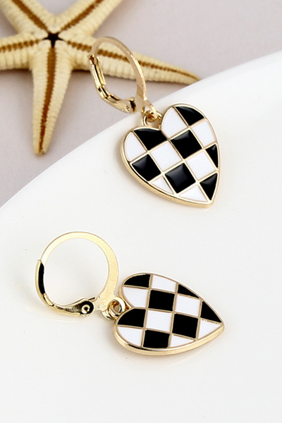 Black Checkered Heart Shaped Hoop Dangle Earrings