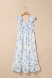 Blue Floral Smocked High Waist Ruffle Sleeveless Midi Dress