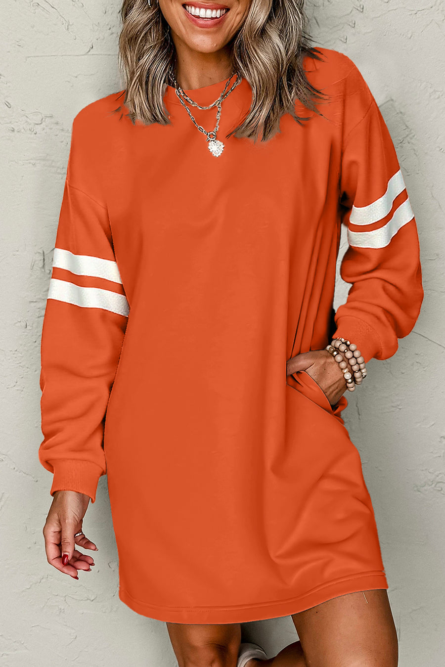 Varsity Striped Long Sleeve Loose Mini Dress with Pockets- 5 Colors