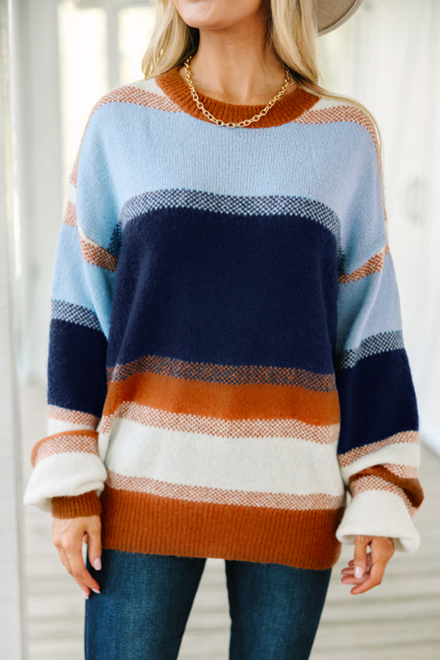 Blue Multi Color Block Crew Neck Tunic Sweater
