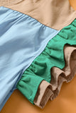 Sky Blue Color Block Ruffled Sleeve Frill V-Neck Short Sleeve Blouse