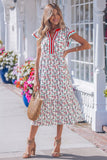 Red Cute Sunflower Printed Striped Patchwork Trim Flutter Sleeve Long Dress