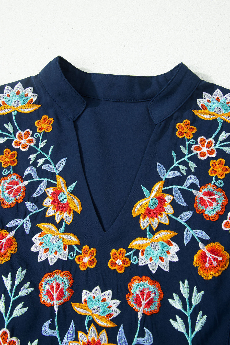 Navy Blue V-Neck Ruffled Sleeve Floral Embroidered Babydoll Blouse