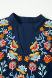 Navy Blue V-Neck Ruffled Sleeve Floral Embroidered Babydoll Blouse