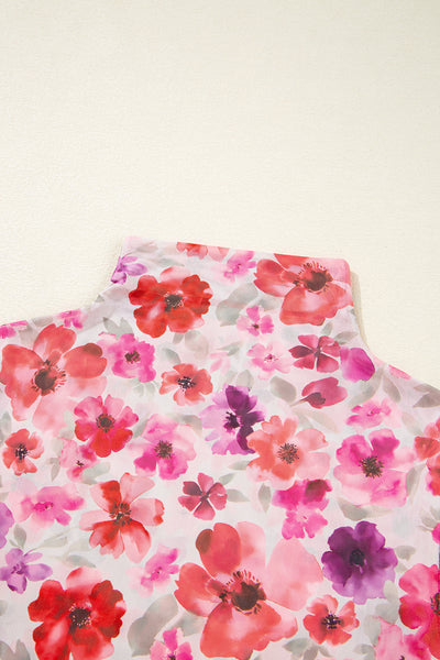 Red Floral Print Long Sleeve Slim Fit Mesh Top