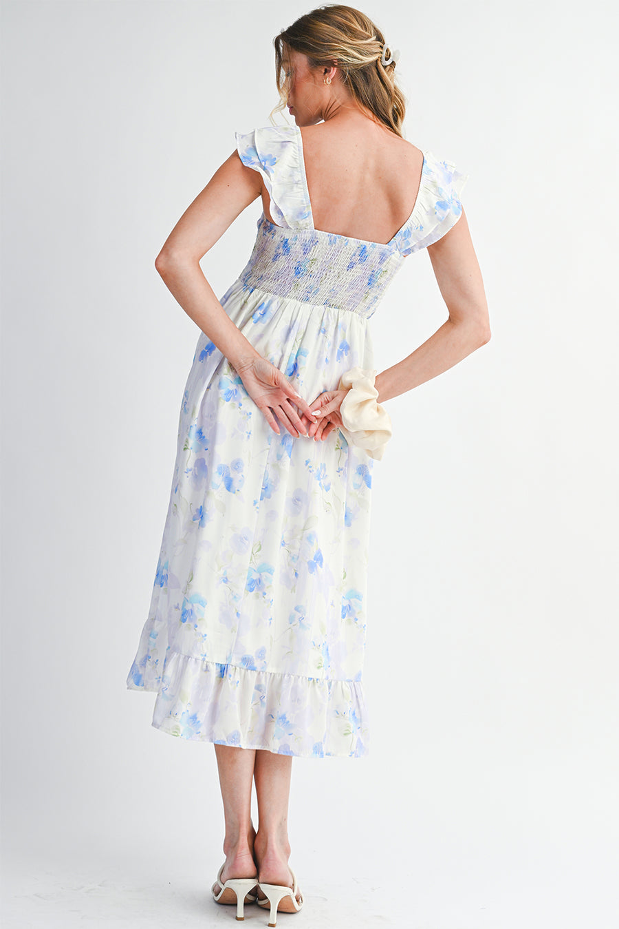 Blue Floral Smocked High Waist Ruffle Sleeveless Midi Dress