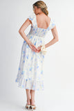 Blue Floral Smocked High Waist Ruffle Sleeveless Midi Dress