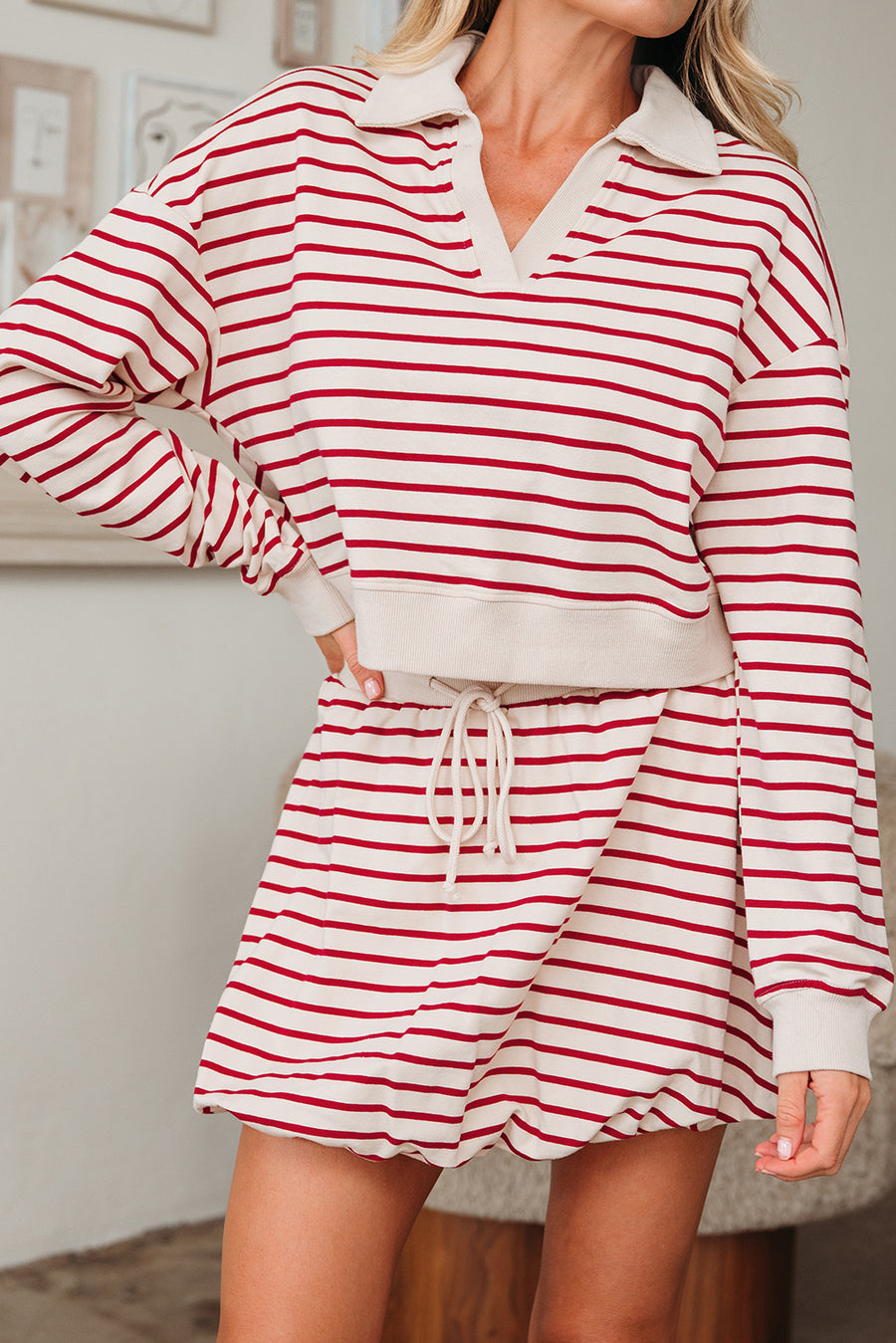 Red Stripe Cropped Collared Sweatshirt and Bubble Mini Skirt Set