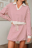 Red Stripe Cropped Collared Sweatshirt and Bubble Mini Skirt Set