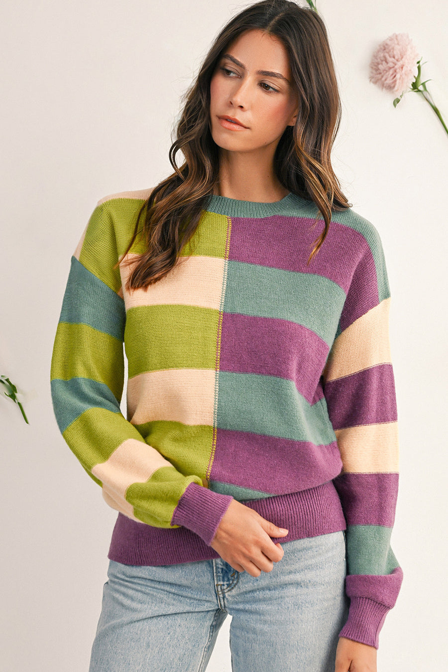 Striped Color Block Drop Shoulder Front Seam Sweater