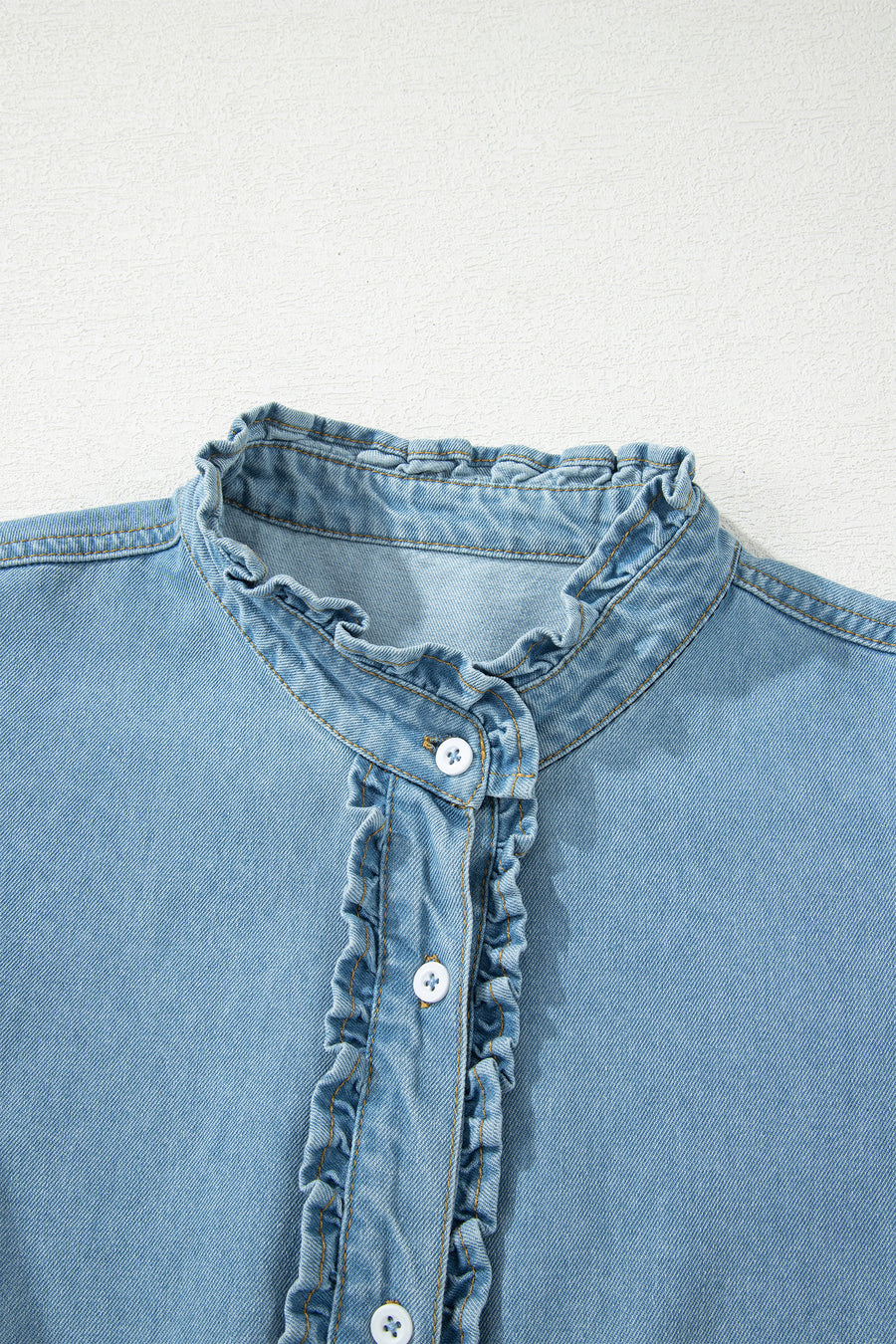 Frill Neck Button-Up Ruffled Short Sleeve Denim Mini Dress- 2 Colors