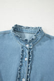 Frill Neck Button-Up Ruffled Short Sleeve Denim Mini Dress- 2 Colors