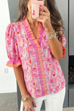 Pink Poppy Floral Striped Color Block Trim V-Neck Ruffled Short Sleeve Blouse