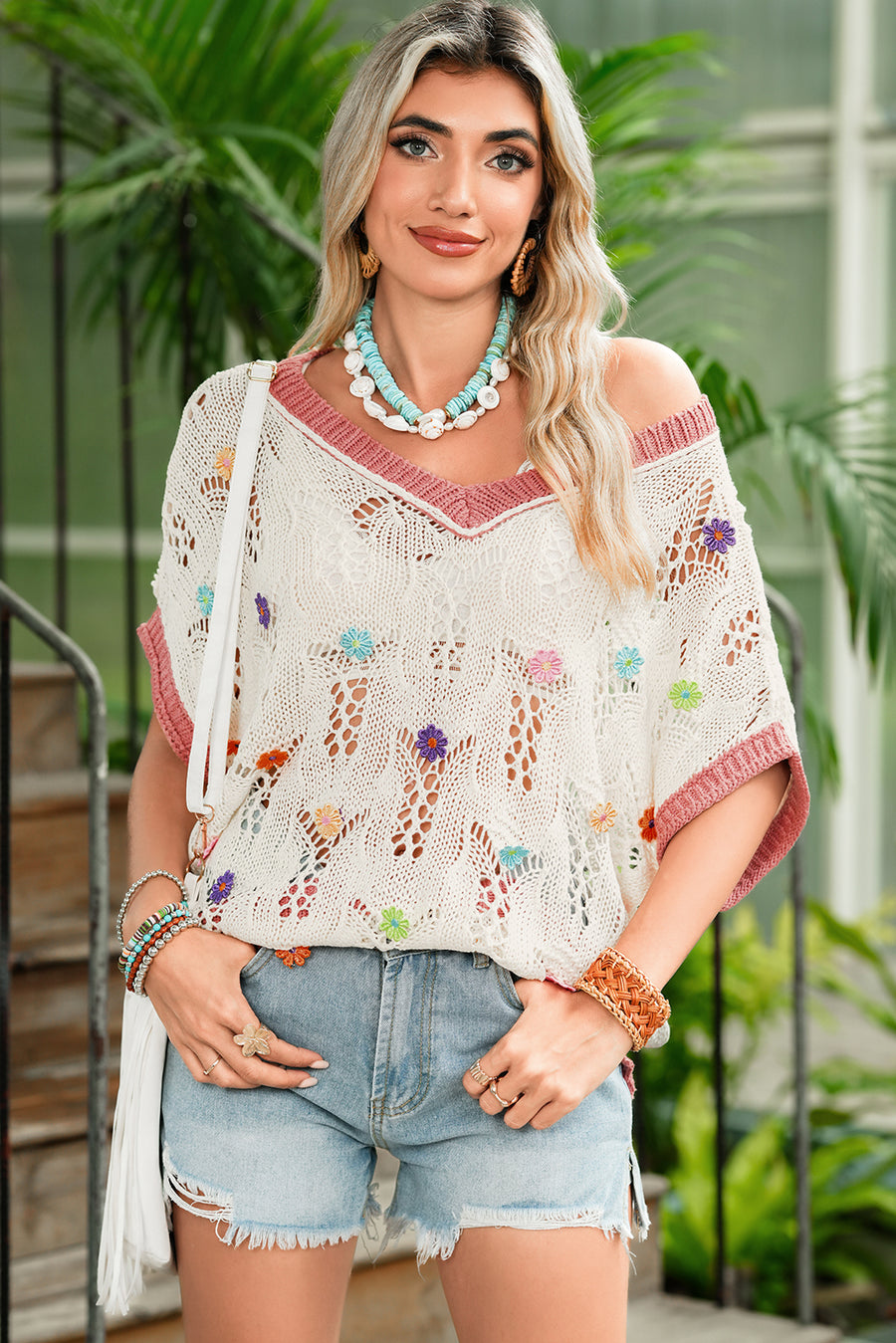 Ivory Floral Crochet Contrast Trim Knit Sweater