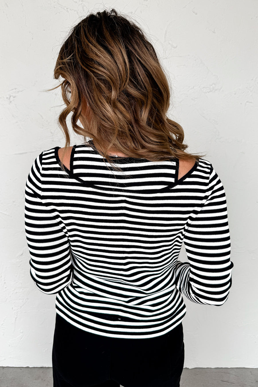 Black & White Striped Cutout Long Sleeve Top