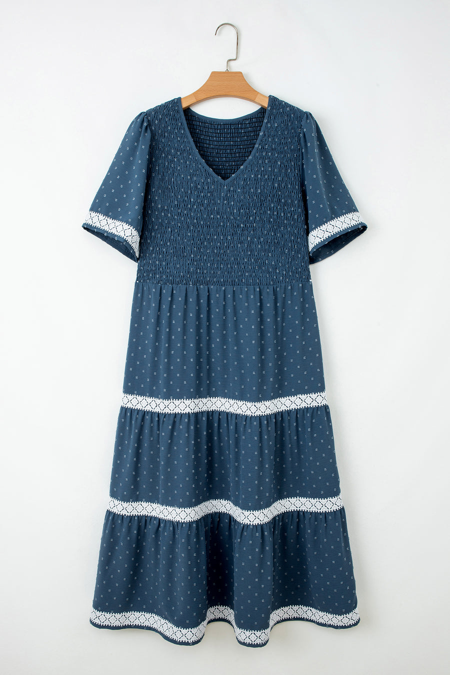 Plus Size Slate Blue V-Neck Swiss Dot Lace Detail Flared Midi Dress with Pockets