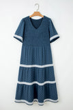 Plus Size Slate Blue V-Neck Swiss Dot Lace Detail Flared Midi Dress with Pockets