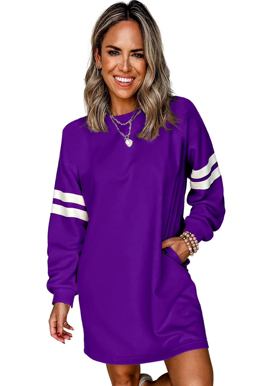 Varsity Striped Long Sleeve Loose Mini Dress with Pockets- 5 Colors
