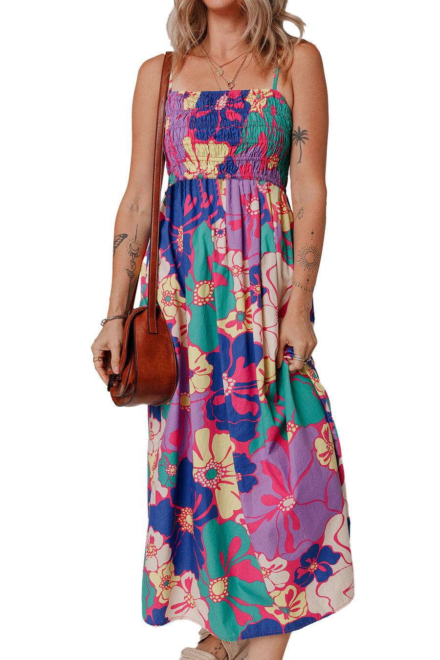 Multicolored Tropical Floral Print Shirred Spaghetti Strap Loose Maxi Dress