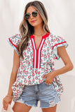 Red Sunflower Printed Contrast Trim V Neck Flutter Sleeve Blouse