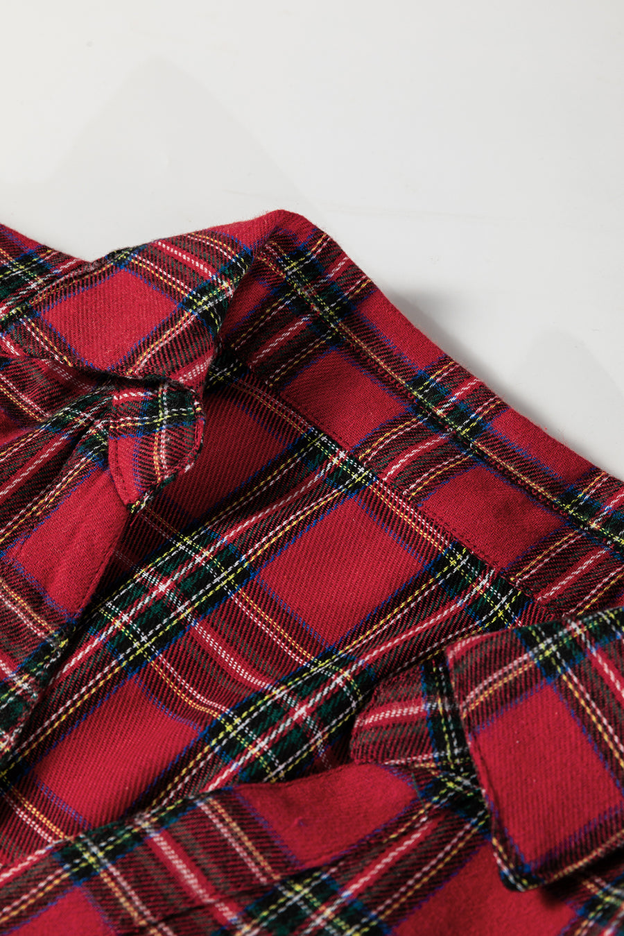 Red Plaid Shirt Collared Quarter Button-Up Ruffled Hem Long Sleeve Mini Dress