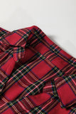 Red Plaid Shirt Collared Quarter Button-Up Ruffled Hem Long Sleeve Mini Dress