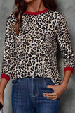 Leopard Print Contrast Trim Crew Neck Long Sleeve Top